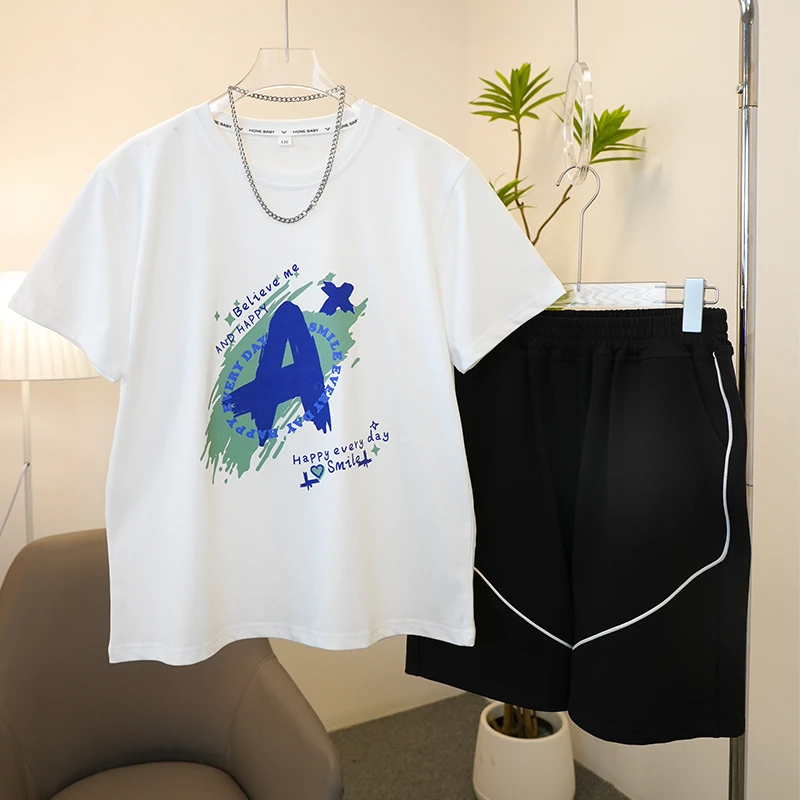 胖男童夏季短袖套装男大童加肥加大体恤夏装胖童运动薄款胖男孩15