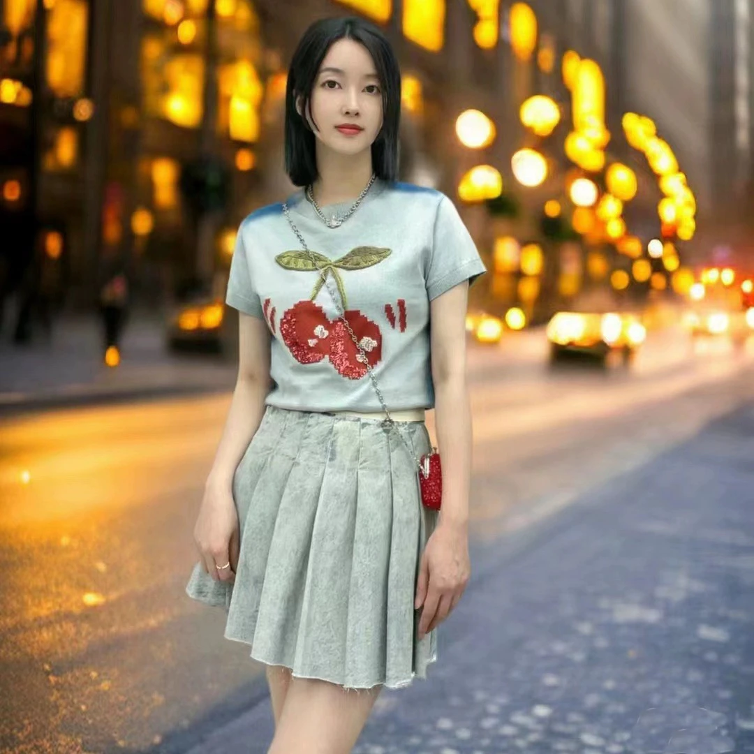 【蓝色樱桃针织】2025春夏季新款渐变色短袖T恤女