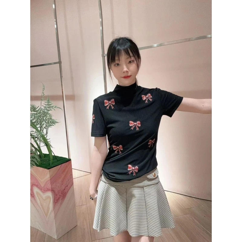 【网纱蝴蝶结珠片T恤】2024春新款修身显瘦刺绣绣花上衣