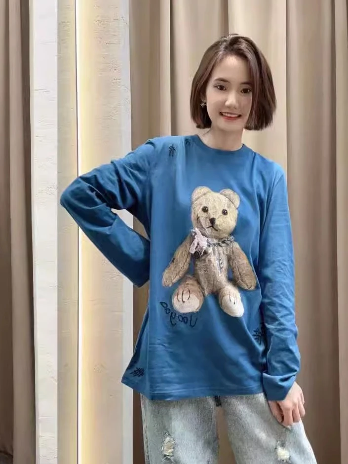 【蓝色小熊T恤丫丫】2025春季新款「熊熊系列」玩偶印花长袖T恤女