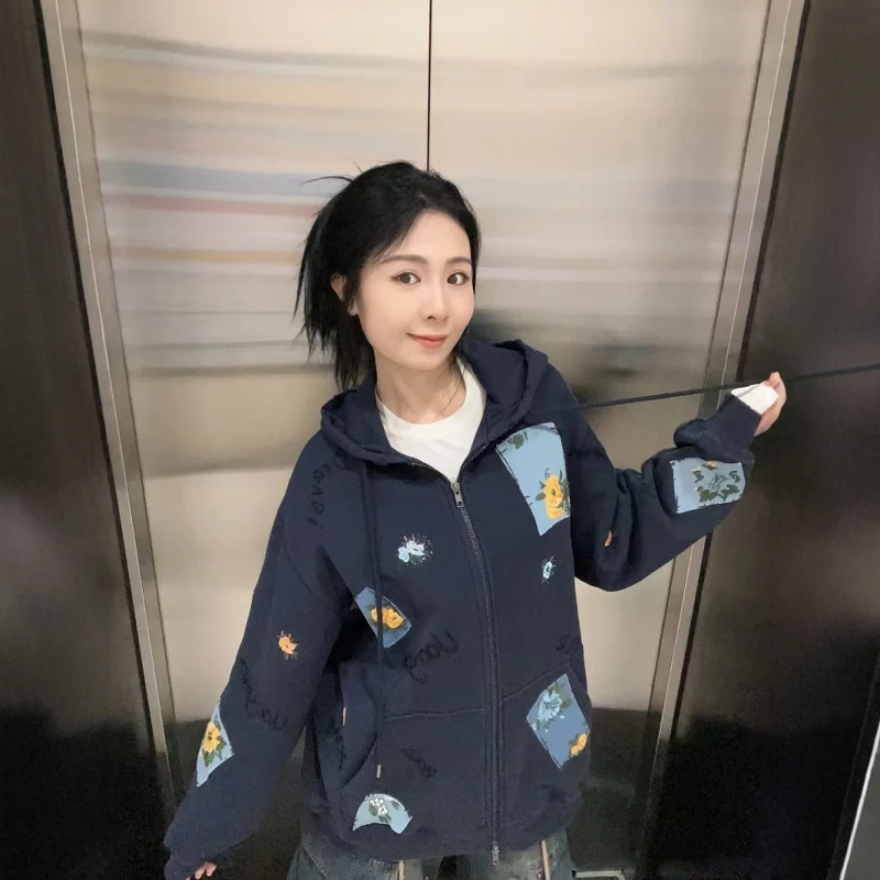 【丫丫花卉卫衣】2024冬季新款刺绣复古补丁开衫宽松连帽外套女