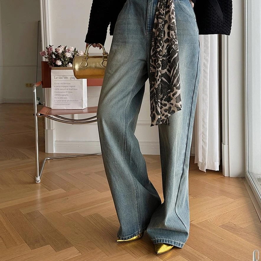 【豹纹丝巾牛仔裤】2025春季新品做旧水洗直筒裤牛仔裤长裤女