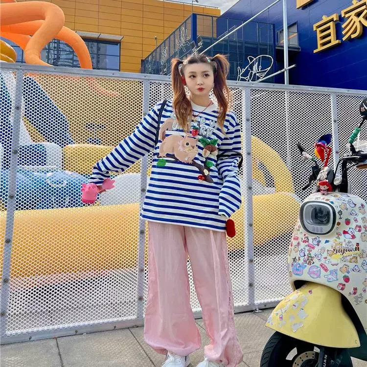 【小松鼠蓝色条纹T恤】设计师款2025春新品