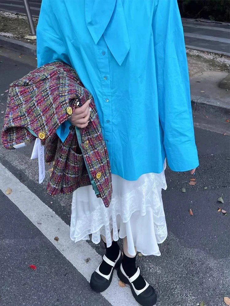 【兔耳朵蓝色衬衫】2024秋冬新款打结领子贝壳扣长袖衬衫叠穿单品女