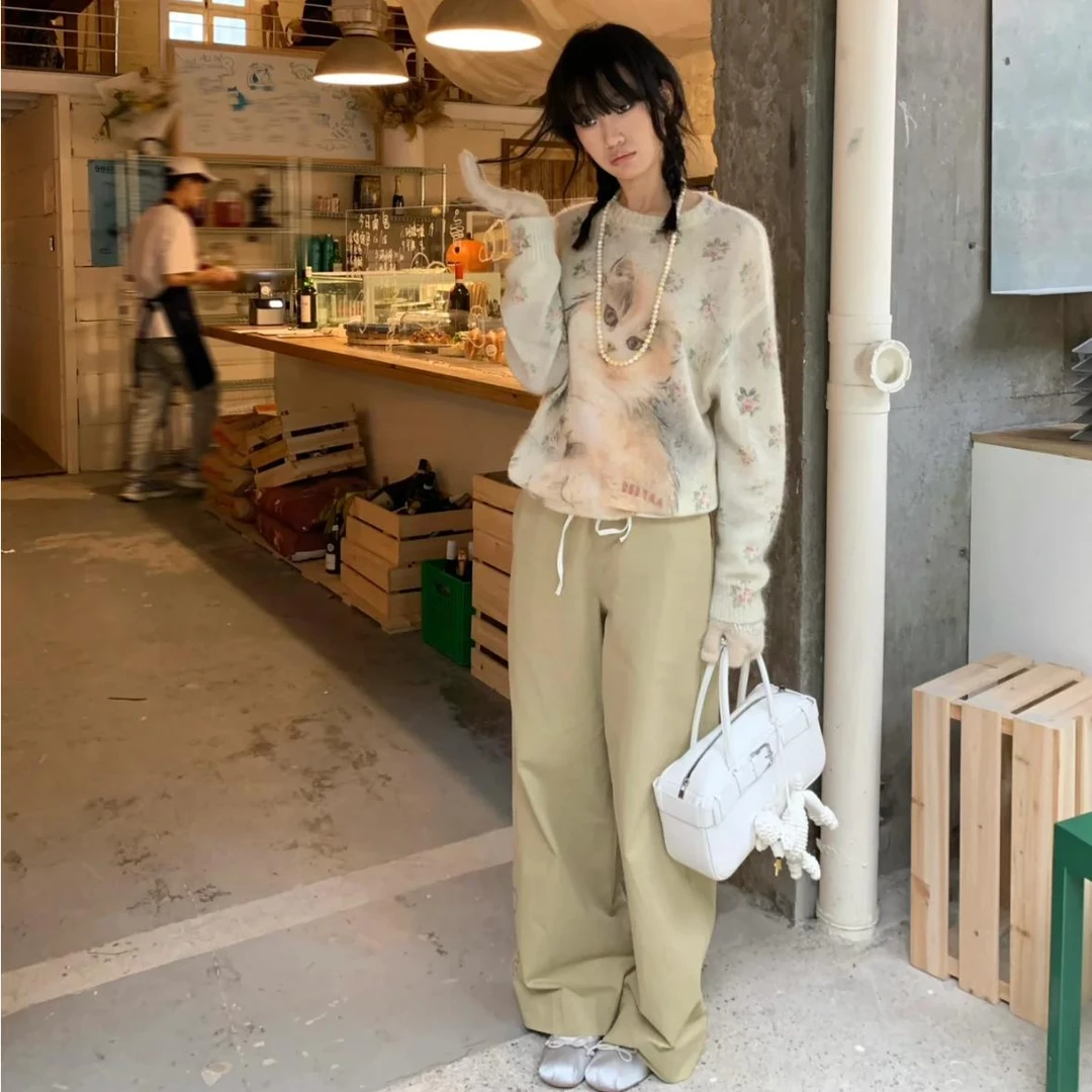 【丫丫碎花猫咪毛衣】2024冬季新款复古宽松毛衫针织衫毛衣女