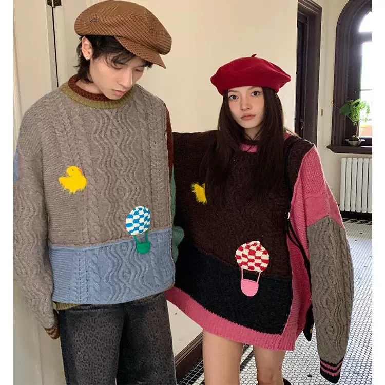 2024秋冬新款鸭子热气球乐园撞色绞花针织毛衣潮流上衣保暖针织衫