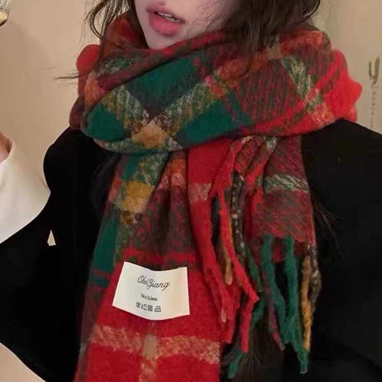 2025秋冬新款圣诞氛围感复古红绿格子围巾女韩版加厚保暖闺蜜围脖
