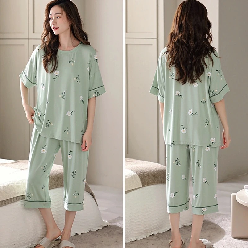 KNC特大码220斤睡衣女薄款莫代尔棉七分裤短袖中年妈妈凉感套装