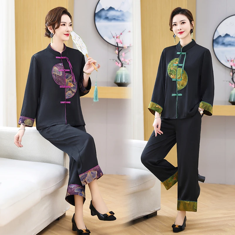 妈妈装春装新款新中式国风盘扣上衣裤子两件套装中年洋气唐装外套