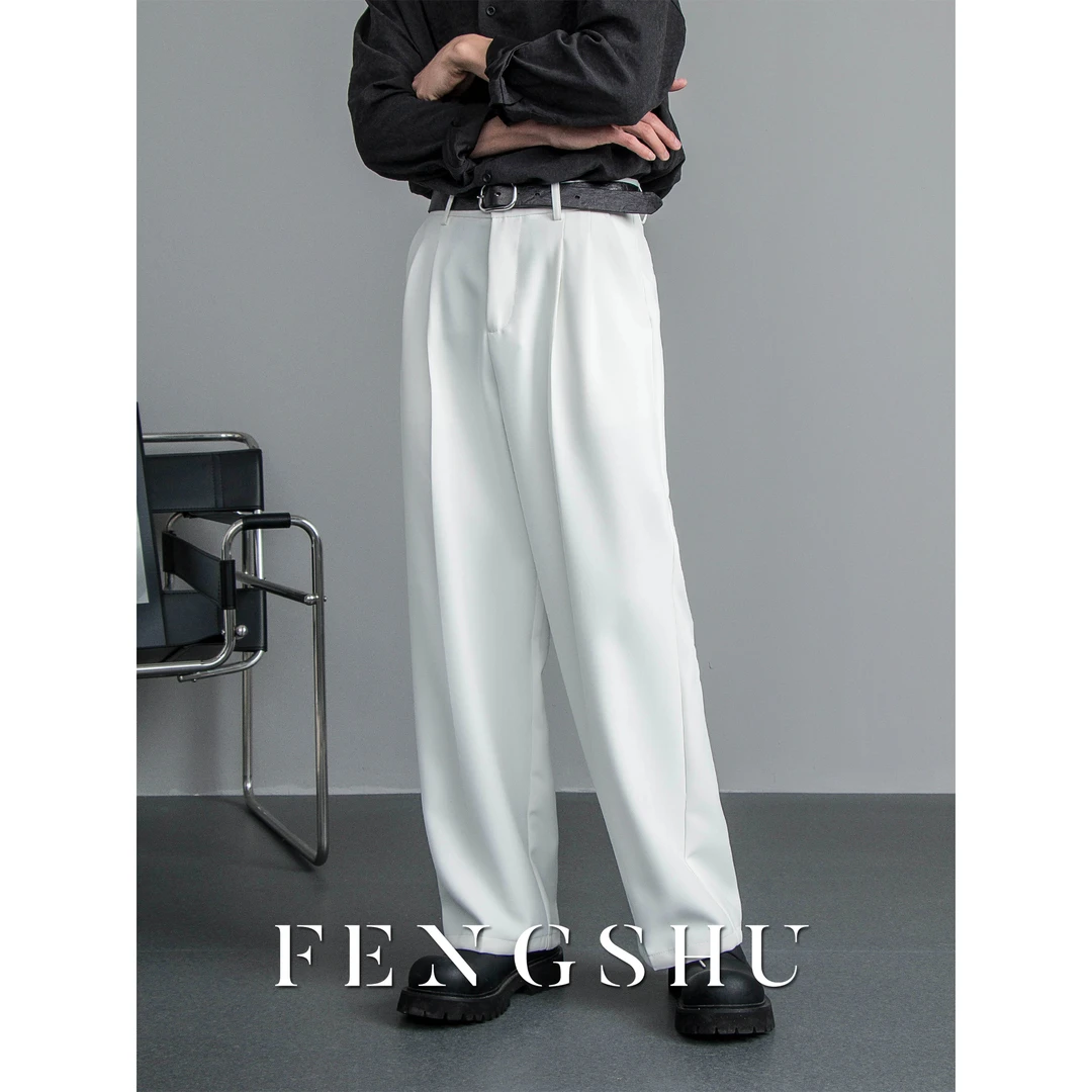 FENGSHU 夏季新款纯色垂感直筒感抗皱西裤男宽松阔腿裤白色休闲裤