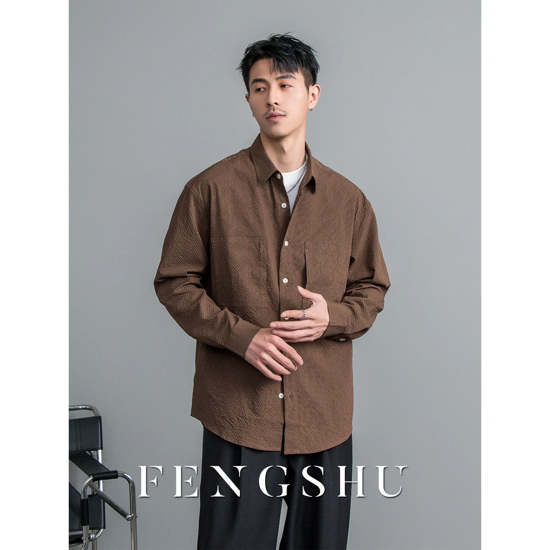 FENGSHU 春季男装衬衣感长袖休闲宽松百搭格纹肌理感翻领格子衬衫