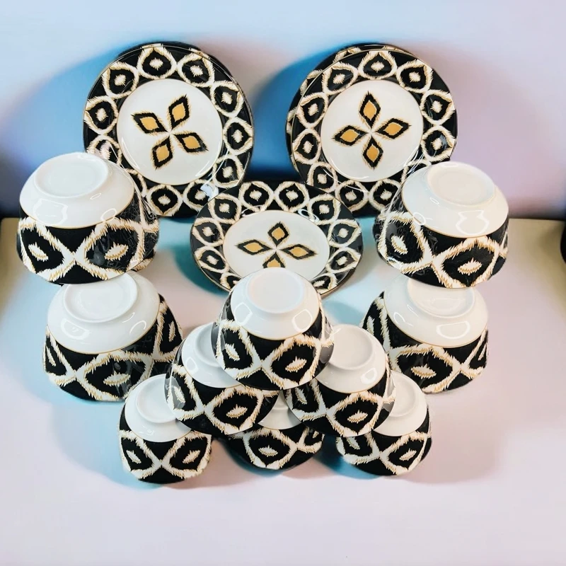 新疆包邮 黑色艾特莱斯18件套 碗碟 民族高档 陶瓷米饭碗好看