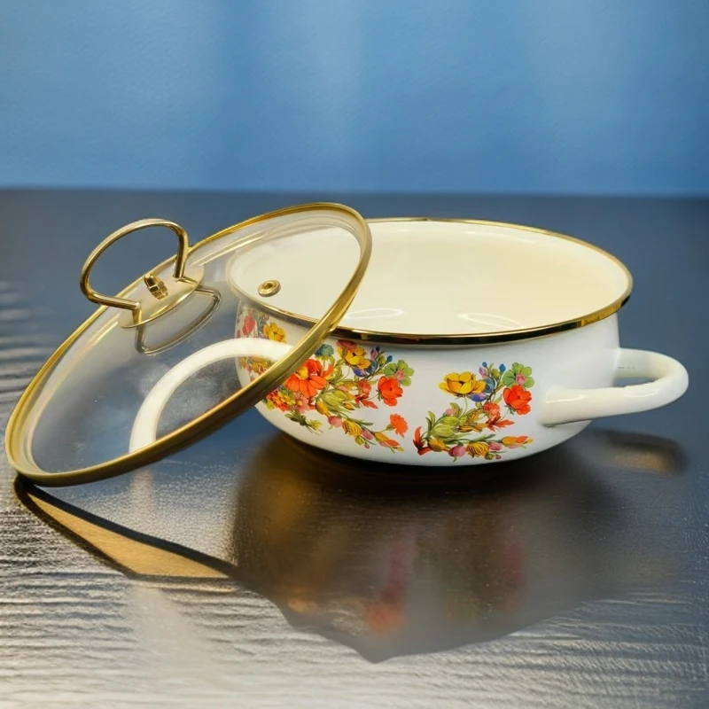 新疆包邮 22cm白缤纷拉面盆 家用搪瓷玻璃盖双耳好看合适都用