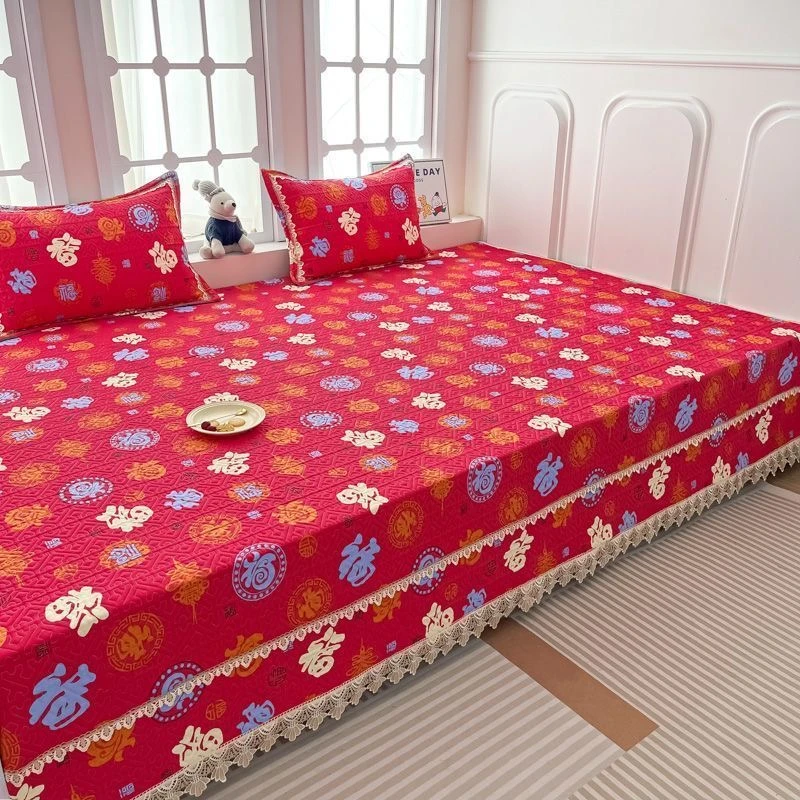 纯棉百福图红色炕盖土炕红色榻榻米床单四季通用结婚乔迁喜庆床盖