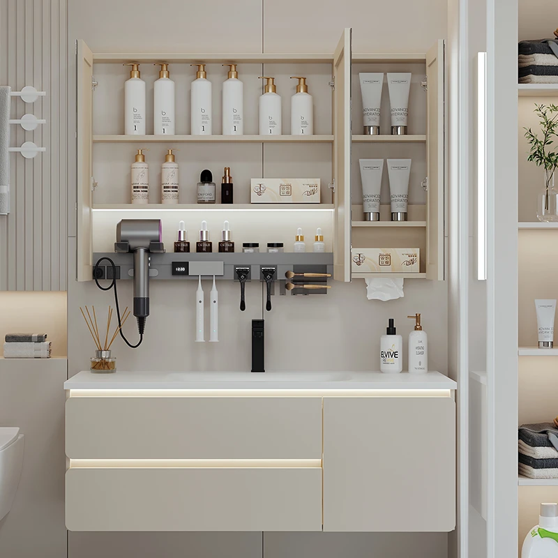 【su7-热弯一体盆】圆弧奶油风智能感应浴室柜组合洗手洗脸盆柜