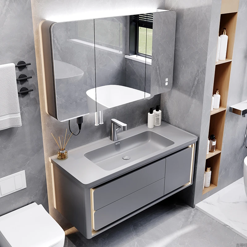 【Z10-微晶纳米一体盆】圆弧现代简约智能浴室柜组合实木洗脸台