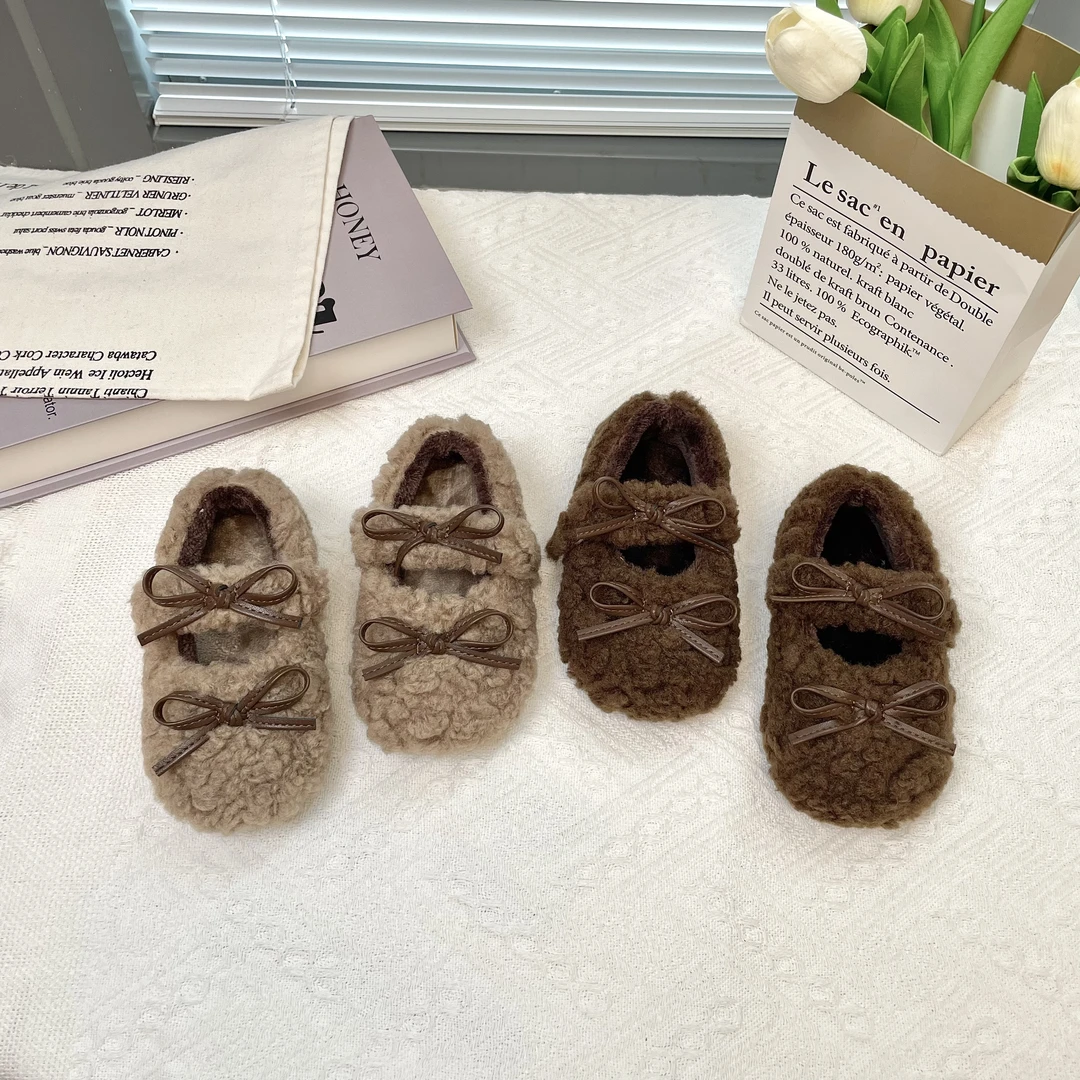 儿童蝴蝶结毛毛鞋2024冬季新款女童韩版时尚加绒豆豆鞋公主豆豆鞋