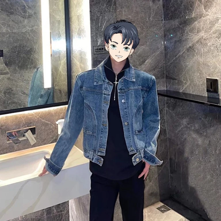 高级感翻领短款夹克男网红韩版潮流时髦洋气蓝色牛仔上衣外套学生
