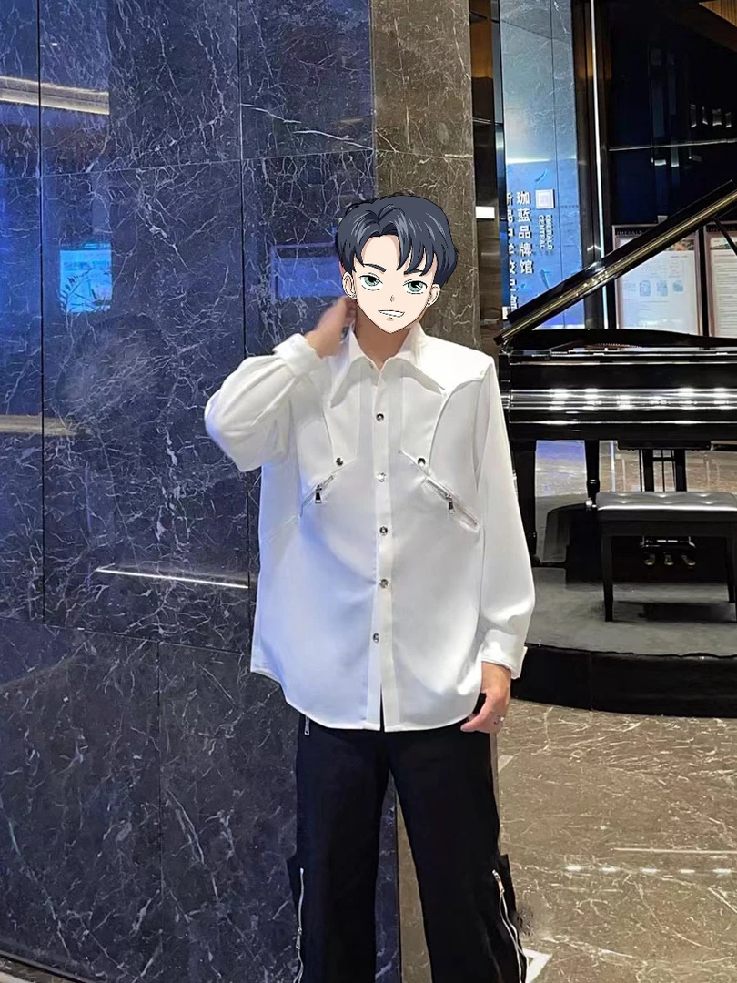 白色衬衫男高档夜店小众设计长袖衬衣韩版宽松爆款网红上衣秋装