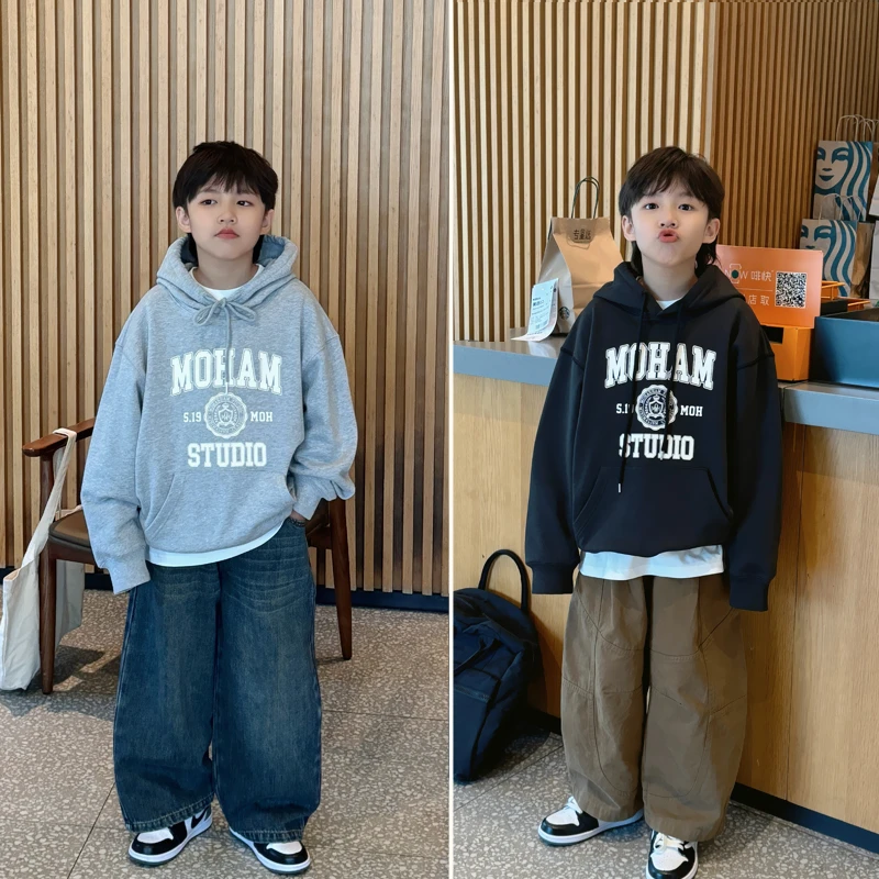 凯文家童装2024秋季新品男童中大童韩版简约潮字母儿童连帽卫衣