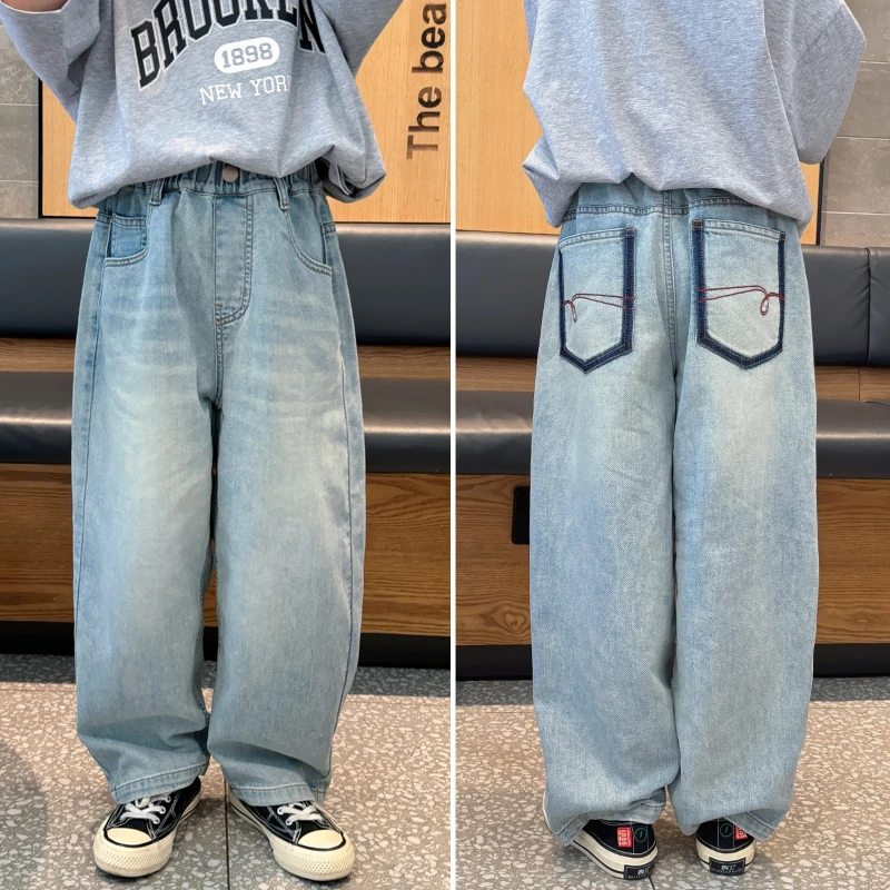 凯文家童装2024夏装新款男童中大童韩版个性口袋牛仔裤老爹裤长裤