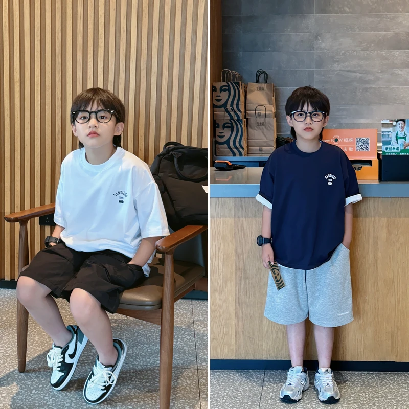 凯文家童装2024秋装新款男童中大童韩版简约字母T恤儿童宽松短袖