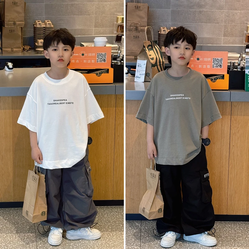 凯文家童装2024春夏装 男童中大童韩版简约字母T恤儿童宽松短袖