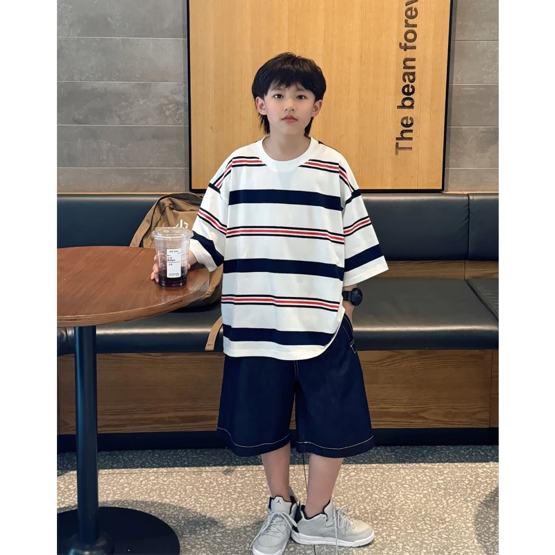 凯文家童装2024夏装新款 男童中大童韩版撞色条纹T恤儿童时尚短袖