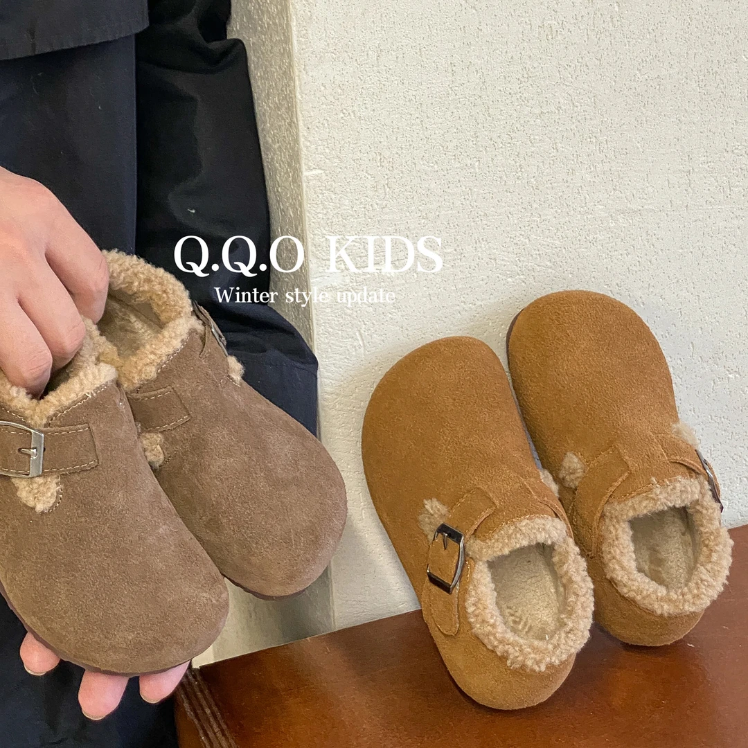 童鞋2024冬季新款儿童加绒复古勃肯鞋男女童磨砂真皮软底棉鞋