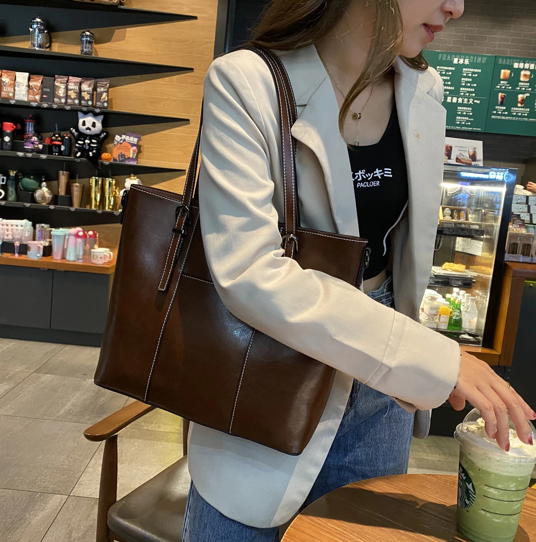 真皮油蜡牛皮托特包大容量女士单肩简约气质女包
