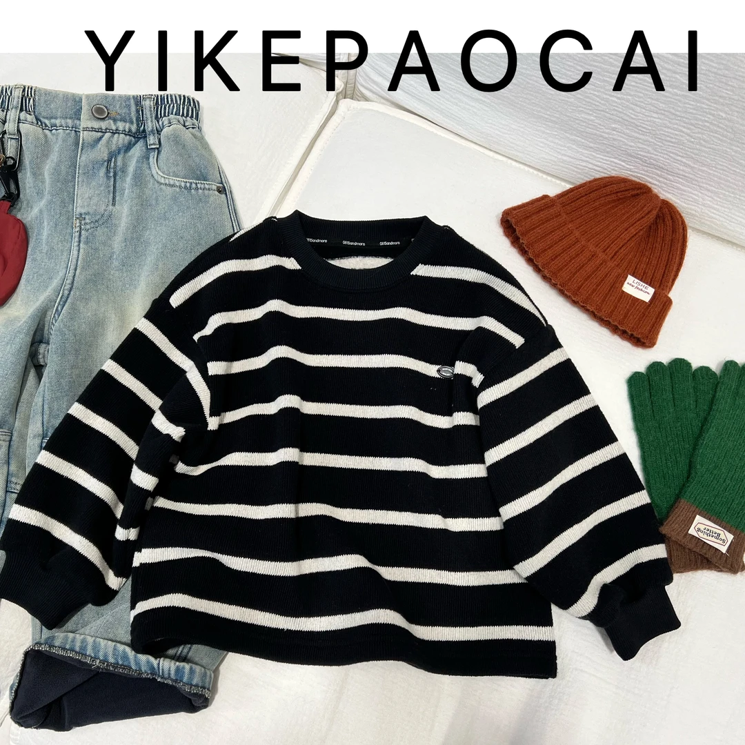 一颗泡菜「童装」8971《冬》黑条加绒卫衣