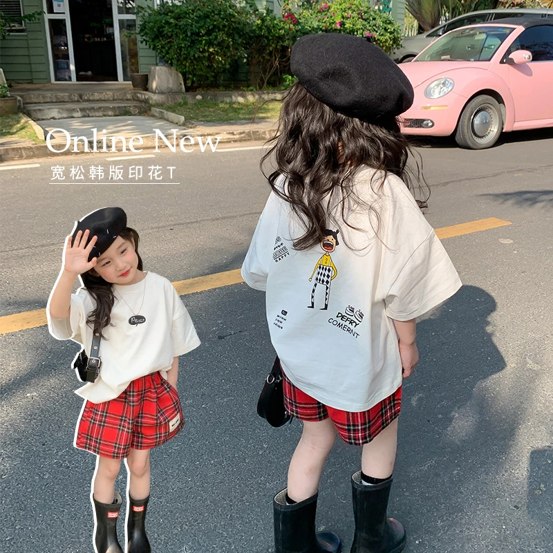 女童短袖纯棉T恤2024新款儿童夏季时髦印花打底衫小童休闲上衣服