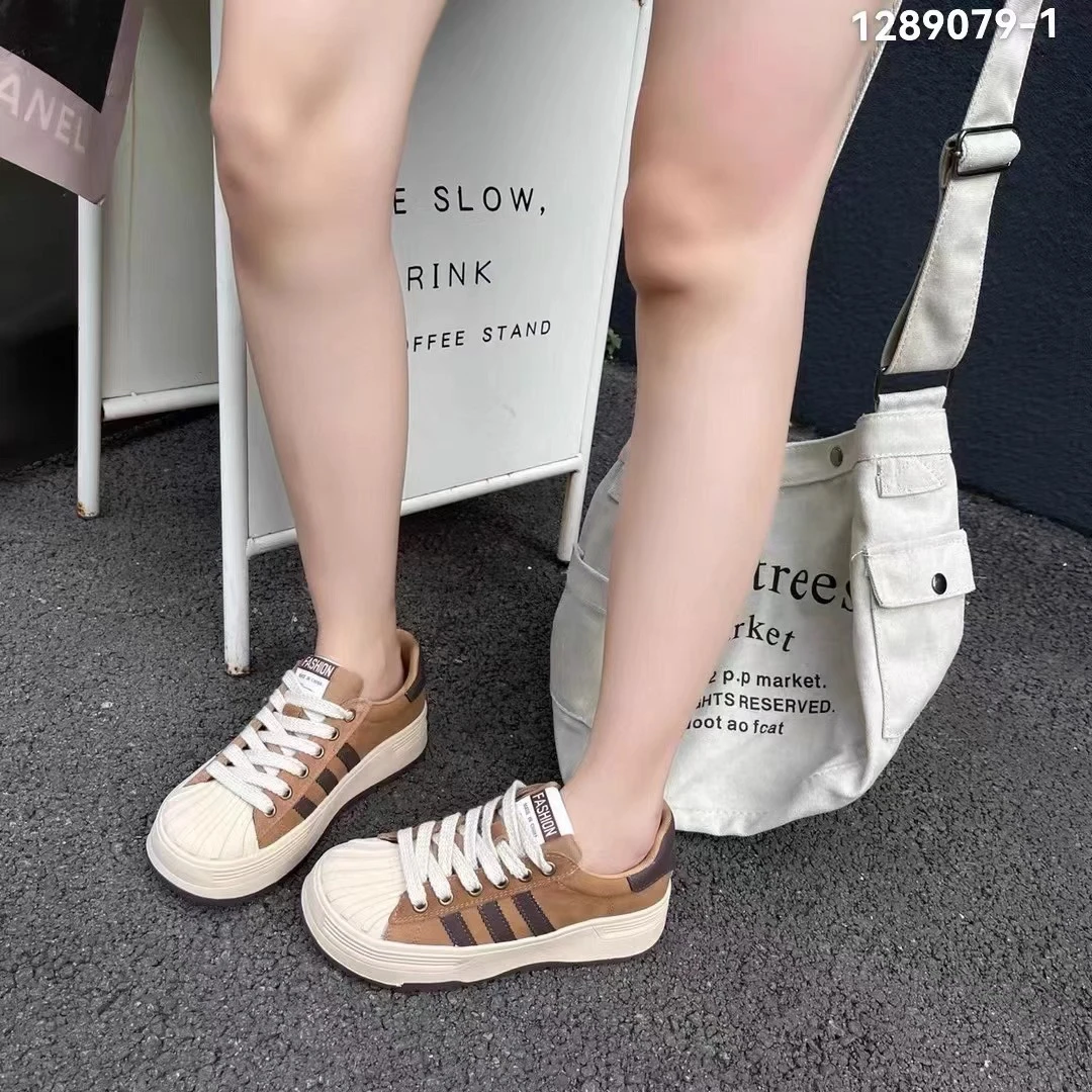 9079-1秋款小白鞋真皮平底系带贝壳头板鞋17008厚底运动休闲鞋窗