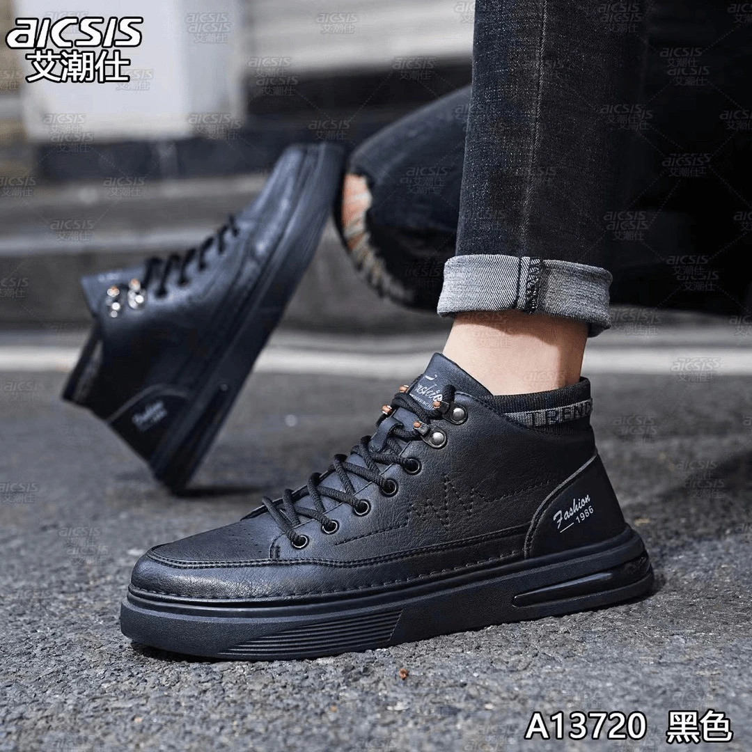 13720 男鞋防滑工作板鞋一脚蹬潮鞋子男士百搭中帮休闲皮鞋防水A5