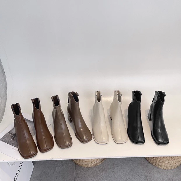 09-1062粗高跟真皮马丁靴女秋冬新款方头短靴复古休闲中筒瘦靴A11