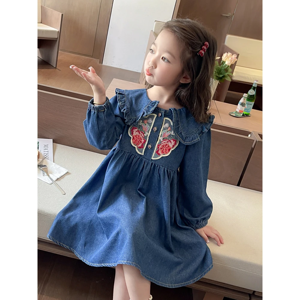女童2024年秋款新款国风牛仔连衣裙童装网红中小童春季