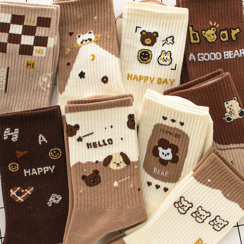 咖色小熊中筒袜子女ins潮流百搭甜美可爱少女学院风女士袜子长袜