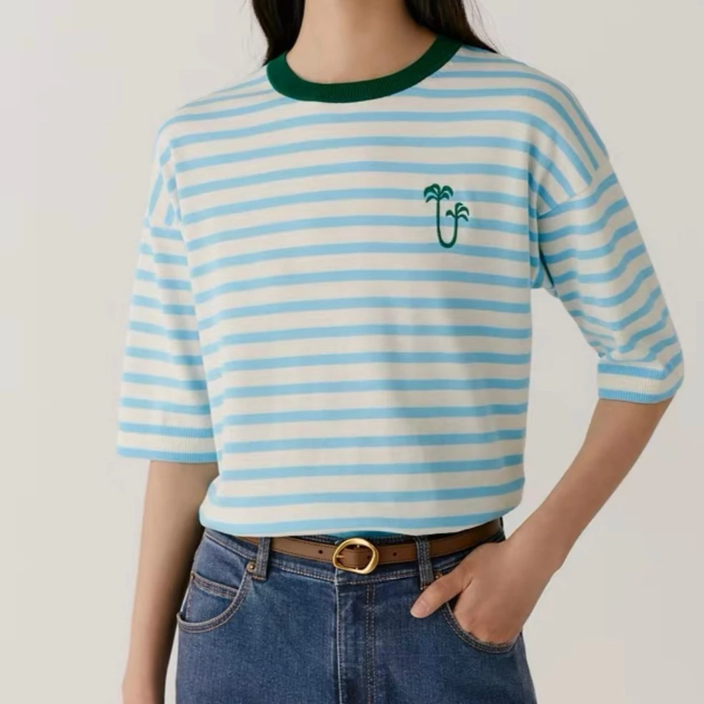 【小禾家】夏季新款超细棉条纹撞色上衣