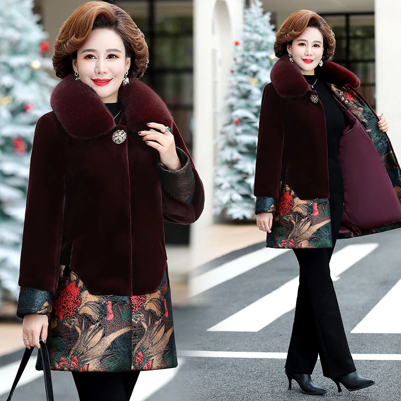 妈妈冬季加棉加厚保暖水貂绒外套洋气中长款中年女冬装仿皮草大衣
