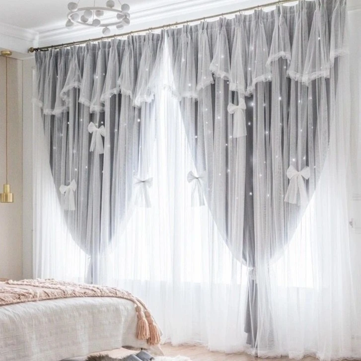 窗帘网红布纱一体遮光隔热北欧多层美公主风卧室客厅镂空星星飘窗