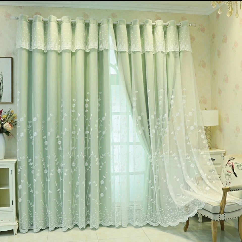 窗帘双层田园阳台绣花客厅卧室特价简约ins风窗纱新款窗帘 布温馨
