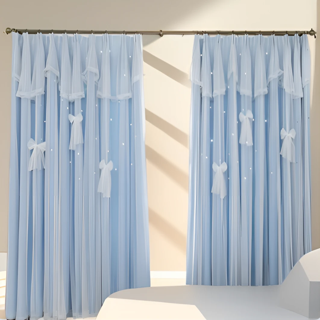 窗帘韩式网红双层一体卧室客厅遮光北欧简约公主少女飘窗蕾丝梦幻