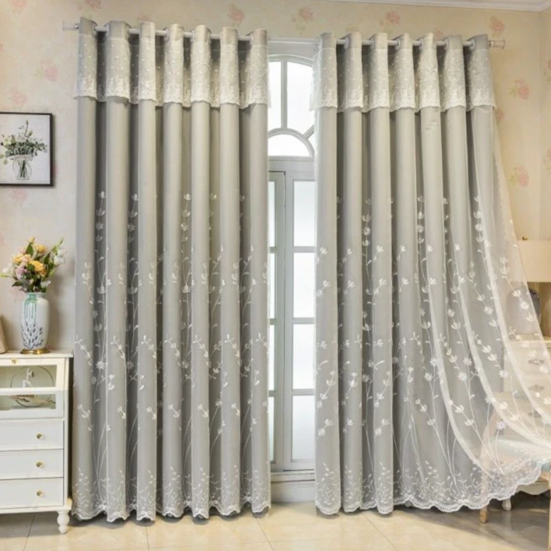 窗帘小清新绣花新款成品卧室双层绣花布纱一体客厅轻奢防晒遮阳布
