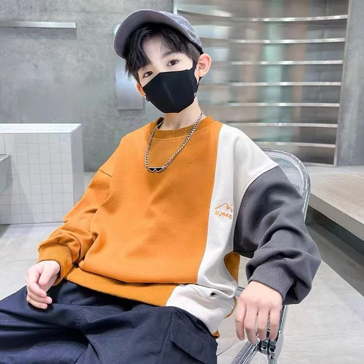 【A类】嘉贝龙品牌 三色拼接潮流拼色圆领男童加绒休闲百搭卫衣