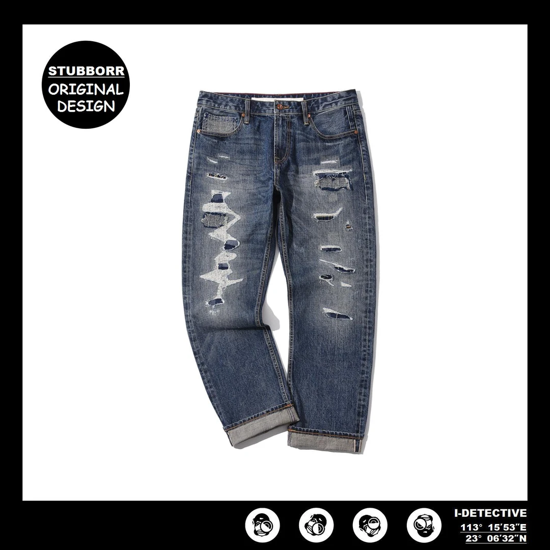 衣探长设计师原创【喀纳斯】16盎司赤耳阿美咔叽牛仔裤破洞直筒