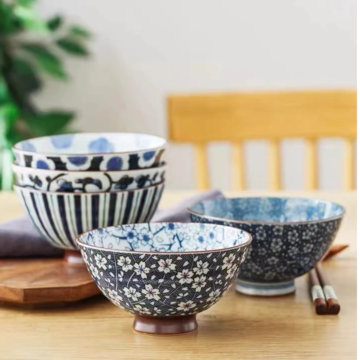 5只 日本进口浮雕4.9英寸饭碗套装釉下彩陶瓷吃饭碗米饭碗M-117