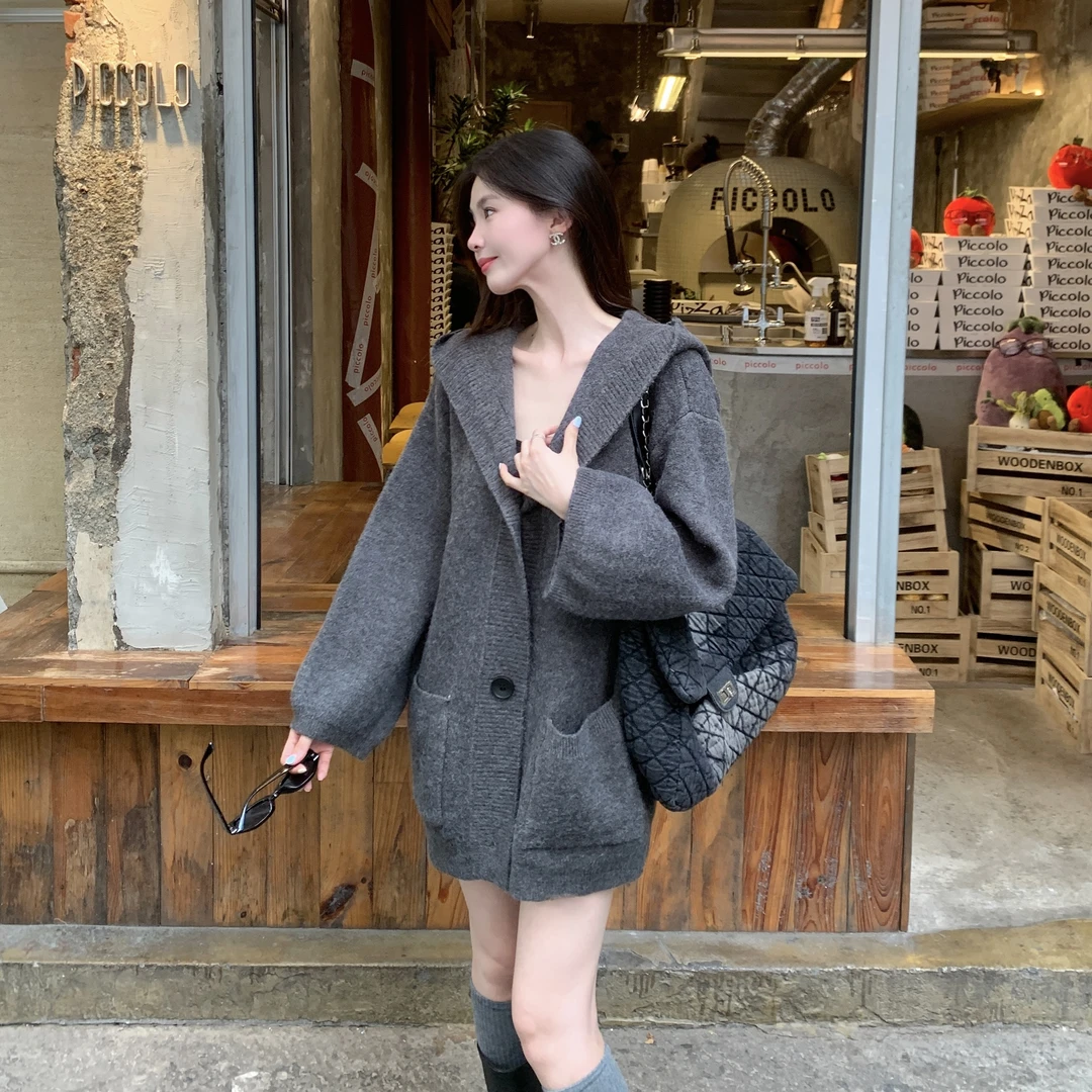 慵懒风休闲百搭毛衣外套女2024秋季新款外穿连帽针织中长款开衫