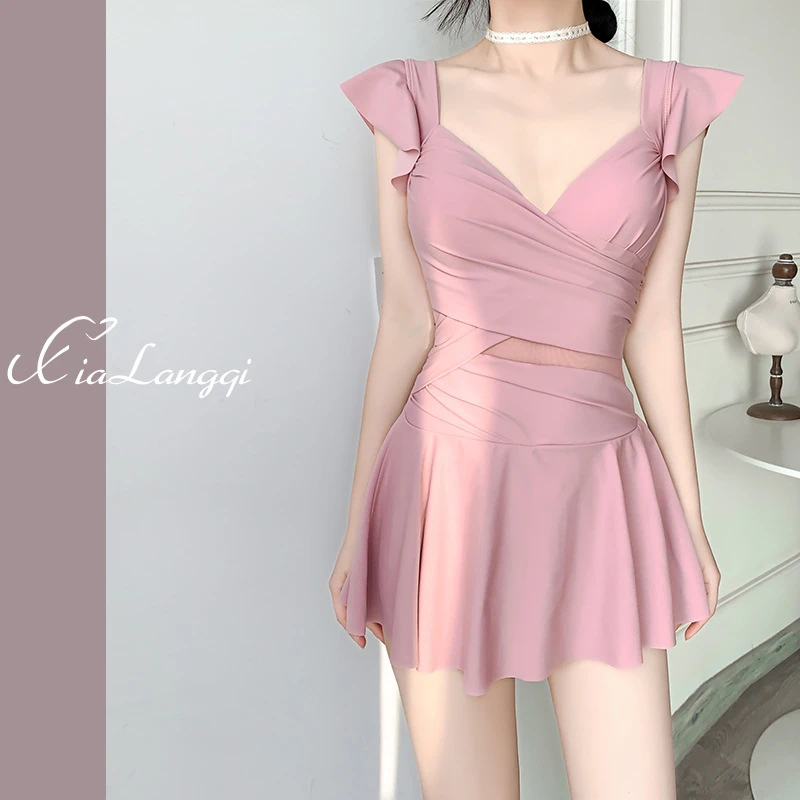 连体泳衣女夏季纯欲风爆款保守裙式遮肚显瘦小胸聚拢泡温泉游泳装