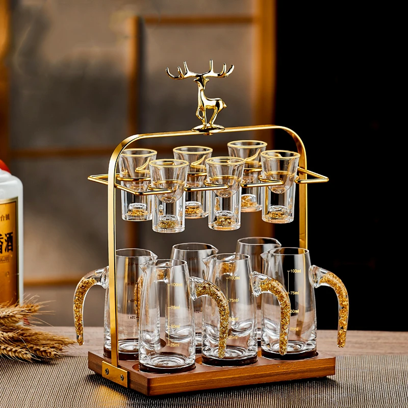 轻奢家用白酒杯套装玻璃酒杯烈酒杯创意一口杯分酒器金箔吞杯酒具