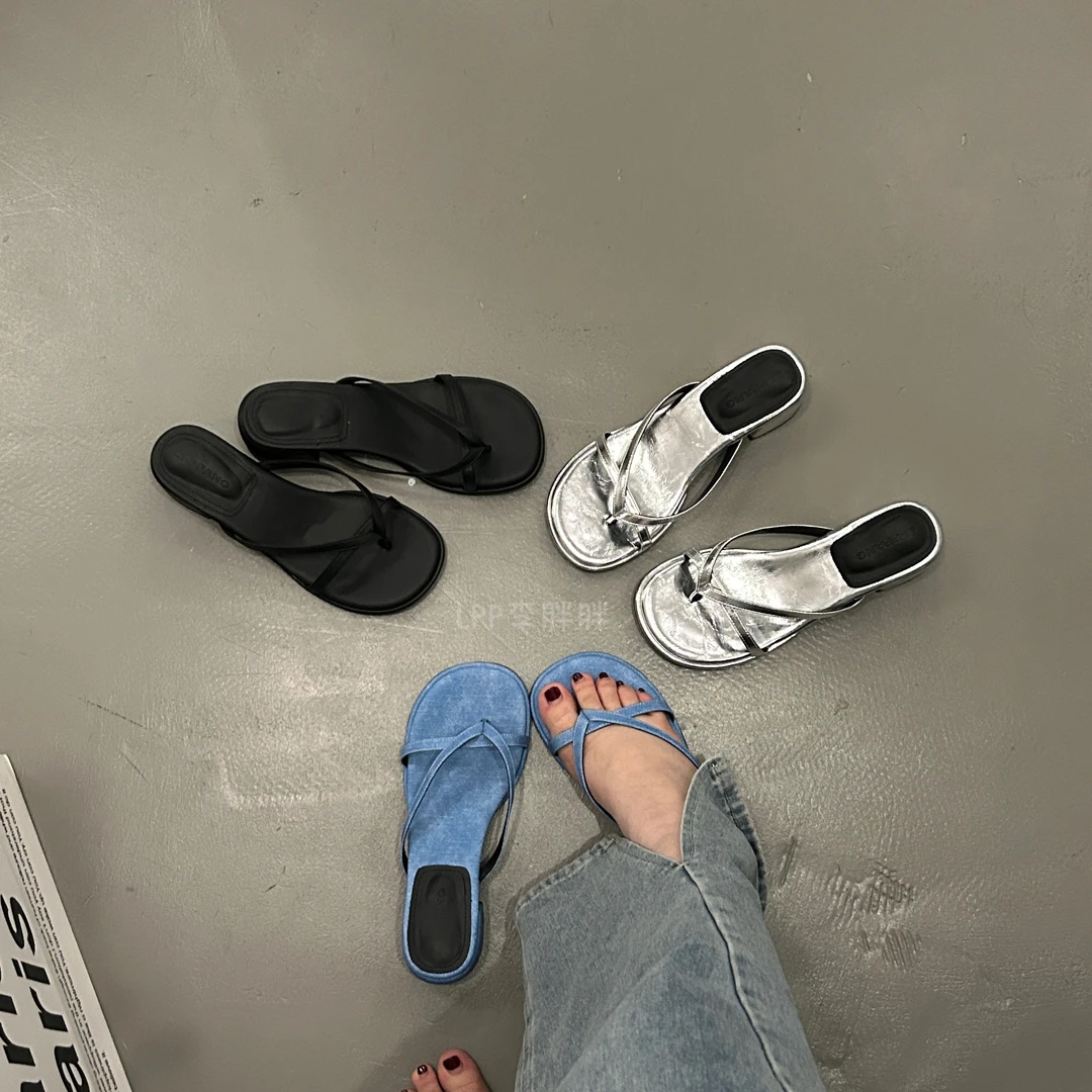 李胖胖加宽法式夹趾人字拖高跟粗跟夹脚外穿牛仔沙滩拖鞋